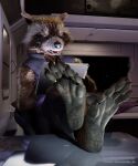  3d_(artwork) 5:6 absurd_res anthro blender_(disambiguation) claws digit_ring digital_media_(artwork) feet foot_fetish foot_focus frown guardians_of_the_galaxy hi_res jewelry male mammal marvel paws procyonid raccoon ring rocket_raccoon solo stormrider tablet toe_ring 