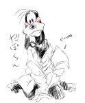  anthro black_body black_eyes black_fur black_nose blush canid canine canis clothed clothing disney domestic_dog fur gloves goofy_(disney) handwear happy japanese_text looking_at_viewer male mammal natsu-nori partially_clothed shirt simple_background sitting sketch smile solo text topwear translation_request white_background white_body white_fur 
