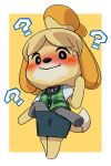  2018 2:3 ? animal_crossing anthro barefoot black_nose blonde_hair blush bodily_fluids bottomwear canid canine canis clothing disembodied_hand domestic_dog embarrassed feet female grope hair hi_res isabelle_(animal_crossing) katahane3 looking_at_viewer looking_back looking_back_at_viewer mammal nintendo skirt smile standing surprise sweat sweatdrop video_games yellow_body 