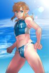  2021 athletic athletic_humanoid athletic_male blue_eyes brown_hair bulge clothing hair humanoid humanoid_pointy_ears hylian lens_flare link male monochrome nintendo not_furry solo speedo swimwear the_legend_of_zelda torajimaneko video_games 