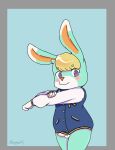  absurd_res animal_crossing anthro balls blonde_hair blush bottomless clothed clothing erection foreskin fur genitals green_body green_fur hair hi_res humanoid_genitalia humanoid_penis lagomorph leporid letterman_jacket male mammal moordred nintendo penis pink_nose purple_eyes rabbit sasha_(animal_crossing) simple_background solo standing stretching video_games white_body white_fur 