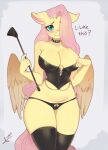  anthro anthrofied big_breasts breasts cleavage clothed clothing equid equine female fluttershy_(mlp) friendship_is_magic hair hair_over_eye hasbro hi_res mammal mrscurlystyles my_little_pony one_eye_obstructed panties pegasus pink_hair riding_crop solo underwear whip wings 