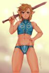  2017 blonde_hair blue_clothing blue_eyes blue_swimwear bulge clothing hair holding_object holding_sword holding_weapon humanoid humanoid_pointy_ears hylian link male melee_weapon nintendo not_furry solo swimwear sword the_legend_of_zelda torajimaneko video_games weapon 