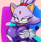  absurd_res anthro big_breasts blaze_the_cat breasts clothed clothing dialogue domestic_cat felid feline felis female fur generalgodzilla hi_res holding_breast larger_female mammal micro purple_body purple_fur sega size_difference sonic_the_hedgehog_(series) 