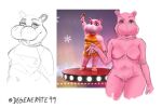  2018 absurd_res breasts continente degener4te female genitals hi_res hippopotamid looking_at_viewer mammal navel nude one_eye_closed overweight pink_body popota pussy signature sketch solo thick_thighs tongue tongue_out wink 