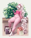  bag blue_eyes cellphone clothing equid equine female hair hi_res holivi horn long_hair long_tail mammal phone pink_clothing shopping_bag sitting smartphone solo thick_thighs unicorn white_hair wide_hips 