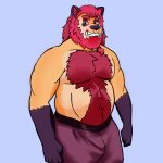  1:1 anthro belly big_belly chase_shinien clothed clothing facial_hair felid feline fur giant_panda hair hi_res hybrid lion looking_at_viewer male mammal nude pantherine pecs simple_background smile solo ursid 