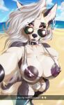  anthro barely_visible_genitalia barely_visible_pussy beach big_breasts breasts canid canid_demon cleavage clothed clothing demon ear_piercing ear_ring english_text eyewear female genitals hellhound helluva_boss llmixll loona_(helluva_boss) mammal nipple_piercing nipples one-piece_swimsuit piercing pussy seaside selfie solo sunglasses swimwear text translucent translucent_clothing translucent_one-piece_swimsuit translucent_swimwear 