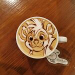  1:1 ambiguous_gender anthro beverage coffee coffee_cup container cup felid fur hair hi_res kitchiki_(character) latte_art lion mammal mixed_media pantherine photography_(artwork) runapocket smile smiley_face solo tan_body tan_fur white_body white_fur white_hair wood 