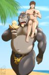  absurd_res anthro ape beach big_pecs big_penis bottomwear clothing dessert duo food genitals gorilla haplorhine hi_res human human_on_anthro ice_cream interspecies larger_anthro licking male male/male mammal musclegut muscular muscular_anthro muscular_male navel nelldemon nipples open_mouth palm_tree pecs penis plant primate sand seaside shirtless sitting_on_shoulder size_difference smaller_human speedo swimwear tight_bottomwear tight_clothing tongue tongue_out tree water 
