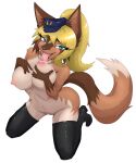  2021 5_fingers anthro areola big_breasts blonde_hair blue_eyes blush boots breasts brown_body brown_fur canid canine canis clothing cute_fangs domestic_dog eyelashes female fingers footwear fur hair hi_res kemono legwear licking mammal mostly_nude multicolored_body multicolored_fur multicolored_tail nipple_fetish nipple_lick nipple_play nipples police_hat simple_background solo tan_body tan_fur thigh_boots thigh_highs tongue tongue_out tuberosekotoki white_background white_body white_fur 