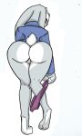  anthro bent_over big_butt blush butt clothing disney female genitals judy_hopps lagomorph leporid looking_at_viewer looking_back looking_back_at_viewer mammal pace-maker panties panties_around_one_leg purple_eyes pussy rabbit rear_view scut_tail shirt short_tail simple_background solo topwear underwear underwear_around_one_leg undressing white_background zootopia 