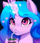  &lt;3 blue_hair drinking equid equine hair hasbro hi_res horn izzy_moonbow_(mlp) juice_box levitation mammal mlp_g5 mrscroup my_little_pony portrait purple_eyes unicorn 