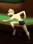  3:4 anthro billiard_table black_briefs briefs chiropteran clothed clothing cue_stick footwear fuze hi_res male mammal shoes socks solo tongue tongue_out topless underwear underwear_only 