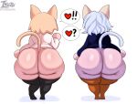  ! &lt;3 ? animal_humanoid big_butt blonde_hair bottomless butt cat_humanoid clothed clothing duo felid felid_humanoid feline feline_humanoid female hair hi_res huge_butt humanoid hunter_x_hunter inuzu leggings legwear male mammal mammal_humanoid neco-arc neferpitou rear_view shirt simple_background speech_bubble thick_thighs topwear white_body white_hair wide_hips 