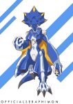  anthro bandai_namco black_claws blue_body ceratopsian claws digimon digimon_ghost_game dinosaur hi_res horn kausgammamon male muscular muscular_anthro muscular_male officialseraphimon ornithischian reptile scalie solo triceratops wings yellow_eyes 