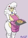  absurd_res accessory anthro apple_pie apron apron_only awful_lad belly big_belly big_breasts bovid breasts caprine clothing collar dessert female flower flower_in_hair food hair hair_accessory hi_res holding_object huge_breasts looking_at_viewer mammal mostly_nude nipple_slip pie plant pregnant sha_(twf) sheep simple_background solo the_walten_files thick_thighs wardrobe_malfunction wide_hips 