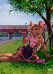  anthro bike_shorts biker blue_eyes bottomwear clothed clothing detailed_background digital_media_(artwork) female grass hair hi_res leaf mammal murid murine neutral_nt outside plant rat rodent shorts smile solo tight_clothing topwear tree vehicle water 