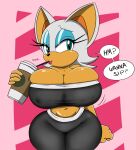  anthro big_breasts breasts chiropteran cleavage clothed clothing conditional_dnp container cup digitaldomain123 female holding_cup holding_object huge_breasts mammal rouge_the_bat sega solo sonic_the_hedgehog_(series) squidapple 