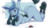 2021 anthro anthrofied areola big_breasts big_butt blue_areola blue_body blue_eyes blue_nipples blush breasts butt dialogue eeveelution feet female glaceon hi_res humanoid_feet looking_at_viewer mcfli nintendo nipples nude pok&eacute;ball pok&eacute;mon pok&eacute;mon_(species) pok&eacute;morph snow soles solo talking_to_viewer video_games 