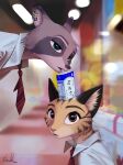  2021 anthro blurred_background clothed clothing dipstick_ears domestic_cat duo ear_piercing ear_ring felid feline felis fur grey_body grey_fur hi_res inner_ear_fluff japanese_text juice_box lax looking_at_viewer mammal milk multicolored_ears necktie piercing procyonid raccoon relaxable relaxablefur shirt signature tan_body tan_fur text topwear translated tuft 