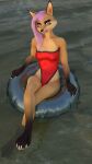  9:16 anthro blender_(software) canid canine clothing female floating flotation_device fox hair hi_res impreza mammal one-piece_swimsuit pink_hair sea solo swimwear tridognait water 
