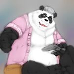  1:1 2021 anthro belly black_body black_fur black_nose bottomwear clothed clothing controller eyewear fur game_controller giant_panda glasses hat headgear headwear kemono laohu male mammal moobs open_clothing open_shirt open_topwear overweight overweight_male shirt shorts simple_background sitting solo topwear ursid white_body white_fur 