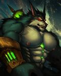  4:5 abs absurd_res anthro areola artist_name barazoku biceps big_muscles big_pecs black_nose blue_body blue_fur canid canine canis chest_tuft countershading digital_media_(artwork) digital_painting_(artwork) fangs fur glowing glowing_eyes hi_res league_of_legends male mammal muscular muscular_anthro muscular_male navel nipples pecs red_eyes revelion riot_games solo teeth tuft video_games warwick_(lol) were werecanid werecanine werewolf white_body white_fur wolf 