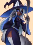  absurd_res anthro berwyn blue_eyes canid canine canis claws clothing corruption_of_champions_2 dark_body dark_skin fluffy fluffy_tail hair hi_res humanoid long_hair magic_user magician_hat male mammal prick_ears robe solo staff white_hair winemomicorn wolf 