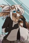  2021 altrika anthro artist_name blue_background blue_eyes brown_body brown_fur canid canine clothed clothing eyewear female fennec fingerless_gloves fox fully_clothed fur gloves gloves_(marking) goggles hair handwear hi_res inner_ear_fluff looking_at_viewer mammal markings melody_(aseethe) simple_background solo text tuft url 