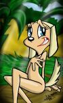  2019 aliceliddellveteran anthro brandy_and_mr._whiskers brandy_harrington canid canine canis collar covering covering_breasts disney domestic_dog embarrassed female looking_away mammal nude sheepish_grin sitting solo 