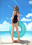 2010 adjusting_swimsuit animal_humanoid beach bell brown_hair butt cat_humanoid clothing clothing_pull cloud dipstick_tail felid felid_humanoid feline feline_humanoid female hair holding_object humanoid inflatable inner_tube looking_at_viewer looking_back mammal mammal_humanoid markings murasaki_nyaa one-piece_swimsuit seaside solo swimwear swimwear_pull tail_markings 
