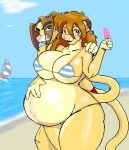  2019 anthro areola areola_slip beach belly big_belly big_breasts bikini blue_eyes blush boat breasts brown_hair clothing danellz duo felid female food hair hand_on_stomach kathy_(danellz) leonel_(danellz) lion male male/female mammal navel outie_navel pantherine popsicle pregnant pregnant_female seaside swimwear thick_thighs vehicle watercraft 