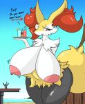  2021 absurd_res anthro areola armor beverage big_breasts braixen breasts butt canid canine clothed clothing container cup curvy_figure duo english_text female fluffy fluffy_tail fur headgear helmet hi_res holding_object huge_breasts human hyper hyper_breasts inner_ear_fluff knight looking_at_viewer mammal neck_tuft nintendo nipples outside pok&eacute;mon pok&eacute;mon_(species) sagging_breasts sea smile stick text thick_thighs tray tuft vf-01s video_games warrior water white_body white_fur wide_hips yellow_body 
