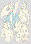  2019 anthro blue_eyes breasts clothed clothing digital_media_(artwork) dragon eyebrows eyelashes female hair horn membrane_(anatomy) membranous_wings non-mammal_breasts nude okithau scalie western_dragon white_hair wings 
