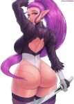  big_butt butt clothing elf female hair hi_res holding_object holding_sword holding_weapon humanoid humanoid_pointy_ears long_hair melee_weapon not_furry ponytail purple_hair simple_background solo superbusty sword text url weapon white_background 
