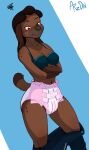 annoyed anthro arzdin blue_background blush bottomwear bra brown_body brown_fur brown_hair canid canine canis clothed clothing crossed_arms denim denim_clothing diaper domestic_dog female floppy_ears front_view fur grey_nose hair jeans june_(arzdin) mammal markings open_bottomwear open_clothing open_pants pants pants_down partially_clothed red_eyes short_tail simple_background solo spots spotted_markings underwear upset 