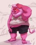  2021 absurd_res anthro belly biped bodily_fluids bottomwear clothing eyes_closed felid fur hi_res lion male mammal outside overweight overweight_male pantherine pink_body pink_fur shirt shorts smollsaid solo sweat tongue tongue_out topwear 