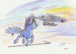  aircraft airship blue_body blue_eyes brown_hair cutie_mark doesnotexist equid equine eyewear eyewear_on_head fan_character feathered_wings feathers feral flying goggles goggles_on_head hair harpoon hasbro hooves male mammal mane melee_weapon my_little_pony pegasus polearm quadruped seaward_skies solo spear sunset weapon wings 