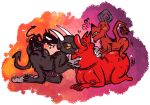  2019 anal anal_penetration anthro big_butt black_body blush bodily_fluids bovid brown_body brown_fur butt caprine caprine_demon cartoon_network cow_and_chicken cuphead_(game) demon disenchantment_(series) don&#039;t_starve feral fur goat_demon group hi_res horn kissing klei_entertainment looking_pleasured luci_(disenchantment) male male/male mammal netflix penetration red_body red_fur simple_background sweat the-alfie-incorporated the_devil_(cuphead) the_red_guy video_games wortox 
