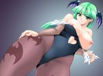  big_breasts breasts capcom darkstalkers demon_girl dutch_angle elbow_gloves erect_nipples from_below gloves green_eyes green_hair head_wings headwings highres large_breasts leotard long_hair morrigan_aensland nipples no_bra pantyhose succubus toushi_ryoku undressing vampire_(game) 