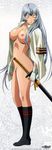  absurdres breasts chouun_shiryuu closed_eyes fingerless_gloves gloves highres ikkitousen ikkitousen_great_guardians kneehighs large_breasts long_hair nude nude_filter open_clothes open_shirt rin-sin shirt silver_hair socks solo sword third-party_edit very_long_hair weapon 