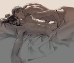  2boys bed brown_hair cum final_fantasy final_fantasy_viii handjob lick licking lowres lying male male_focus multiple_boys nude on_back penis pillow seifer_almasy short_hair silver_hair squall_leonhart tongue yaoi 