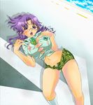  blush breasts bursting_breasts cosplay curvy huge_breasts kisou_nowora kneehighs luca_angeloni luca_angeloni_(cosplay) macross macross_frontier matsuura_nanase navel nipple_slip nipples purple_eyes purple_hair school_uniform short_shorts shorts socks solo tan torn_clothes white_legwear 