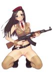  belt black_eyes black_hair boots bottomless breasts cleavage gun hat highres large_breasts necktie pubic_stubble pussy solo tanaka_takayuki third-party_edit weapon 