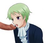  censored coat frills green_hair gundam gundam_00 lowres male_focus overcoat penis precum purple_eyes ribbons_almark short_hair tongue yaoi 