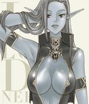  1girl armband background_text black_eyes blue_skin breasts cleavage_cutout dark_elf dark_skin elf female hair_flip large_breasts lineage lineage_2 long_hair oso_(artist) pointy_ears silver_hair solo text 