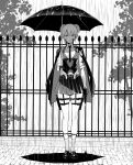  1girl belt blood blood_on_face breasts collared_shirt expressionless fence full_body girls_frontline gloves greyscale highres holster jacket_on_shoulders looking_at_viewer miyamoto_issa monochrome necktie outdoors rain shirt skirt sleeves_rolled_up socks solo thigh_holster two_side_up umbrella vest welrod_mk2_(girls_frontline) 