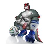  1:1 3d_(artwork) 5_fingers absurd_res anthro areola ball balls biped blue_clothing blue_footwear blue_shoes canid canine canis clothing crouching digital_media_(artwork) facial_scar fingers footwear footwear_only fur genitals glans grey_body grey_fur hair hi_res humanoid_genitalia humanoid_penis male mammal mostly_nude muscular muscular_anthro muscular_male nipples o_(takahirosi) pecs penis pink_nipples red_eyes red_hair reflection scar shoes simple_background soccer_ball socks solo takahirosi white_background white_body 
