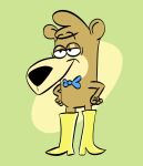  black_nose boo-boo_bear boots bow_tie brown_body brown_hair clothing essnstuffs footwear green_background hair half-closed_eyes hanna-barbera jellystone_(hbo_max) long_boots male mammal narrowed_eyes simple_background smile solo ursid yogi_bear 